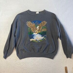 Toboggan Eagle Graphic Sweatshirt XL Gray Vintage Nature Art Crewneck Fleece